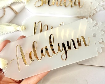 Personalized Acrylic Stocking Tag | Frosted Name Tag with Gold Font | Custom Christmas Gift Tag | Modern Holiday Decor | stocking tag