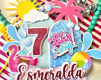 Pool Party Cake Topper: Custom Glitter Birthday Decoration