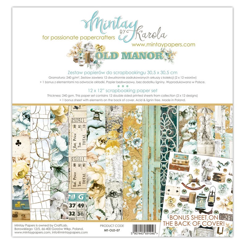 Scrapbooking paper pad 12pcs 12 x12 Old manor 30x30cm Mintay by Karola.