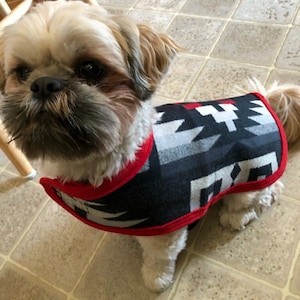 Op de afbeelding: Een kleine, witte hond die een zwarte en grijze gepatroneerde trui draagt met rode bies. De hond zit op een betegelde vloer.