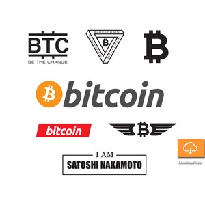 May include: A collection of Bitcoin-related logos and text on a white background. Logos include the Bitcoin symbol, the word "bitcoin", and the text "BTC BE THE CHANGE" and "I AM SATOSHI NAKAMOTO".