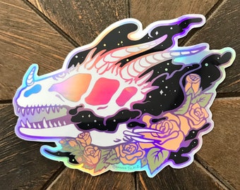 Holographic Sticker "Aether" - Dragon Skull, dragon art, space sticker, dragon sticker, witchy art, rainbow sticker, dark art, memento mori