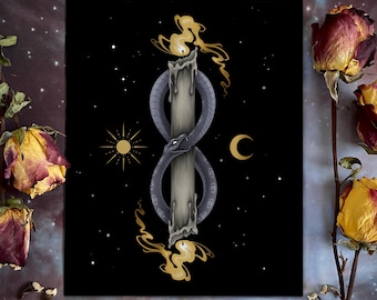 Eternal - Signed Print, Ouroboros Illustration, Dark Art, oroboros art, double candle, snake Art, celestial art, witchy art print, space art