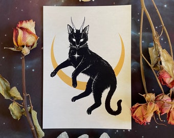 Morning Star - Signed Print, Cosmic Illustration, Dark Art, Black Cat art, witchy cat, witchy art, moon cat, witches familiar