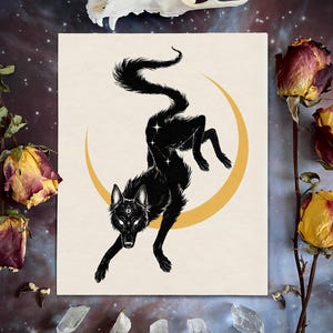 The Black Dog - Signed Print, Cosmic Illustration, Dark Art, black shuck art, witchy dog, witchy art, moon wolf, witches familiar