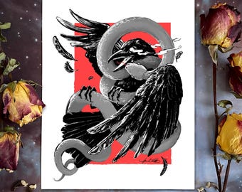 Cuervo - Impresión firmada, Ilustración conceptual, Arte oscuro, Vida y muerte, Cuervo y serpiente, Arte de cuervo, Arte de cuervo, Arte espeluznante, Inktober 2019