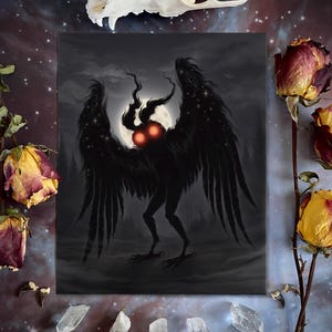 Midnight Mothman - Mothman Illustration, Dark Art, Mothman art, cryptid art, paranormal Art, celestial art, cryptid print, cryptozoology art