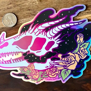 EXTRA LARGE Holographic Sticker "Aether" - Dragon Skull, dragon art, space sticker, dragon sticker, witchy art, rainbow sticker, dark art