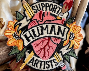 Support Human Artists Patch - Iron on Patch, anti ai patch, no ai art, punk patch, artist patch, ai art sucks patch, support living artists
