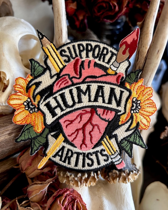 Support Human Artists Patch - Iron on Patch, anti ai patch, no ai art, punk patch, artist patch, ai art sucks patch, support living artists