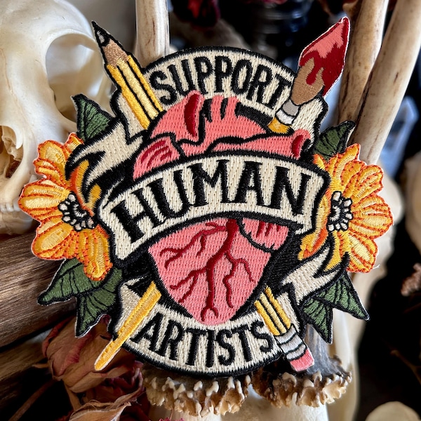 Support Human Artists Patch - Iron on Patch, anti ai patch, no ai art, punk patch, artist patch, ai art sucks patch, support living artists