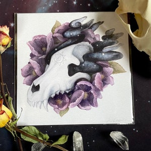 Tranquility Wolf Skull Signed Print, Conceptual Illustration, Dark Art, Life and Death, wolf art, witchy art, witchy watercolor,gothic decor