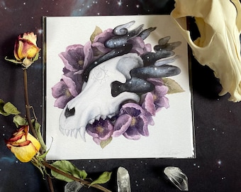 Tranquility Wolf Skull Signed Print, Conceptual Illustration, Dark Art, Life and Death, wolf art, witchy art, witchy watercolor,gothic decor