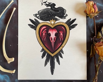 Sacred Heart - Art Print, Occult Art Print, Dark Art, Crow Art, Raven Art, witchy art prints, goth art print, crow heart, crow spirit