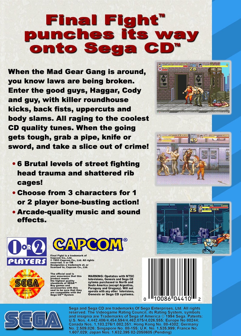 Final Fight CD Custom Reproduction Sega CD Game.