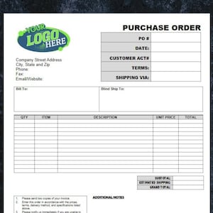 May include: A black and white printable purchase order template with the text "DOWNLOAD" in large, bold letters. The template includes fields for PO number, date, customer account number, terms, shipping via, bill to, blind ship to, quantity, item, description, unit price, total, subtotal, estimated shipping, and grand total. The template also includes a section for additional notes.