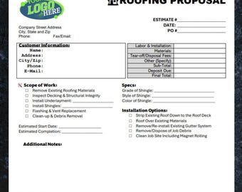 Sjabloon professionele dakbedekkingsvoorstel Digitale download, volledig bewerkbare Microsoft Word-sjabloon voor dakbedekkingscontracten, formulier voorstel dakbedekking