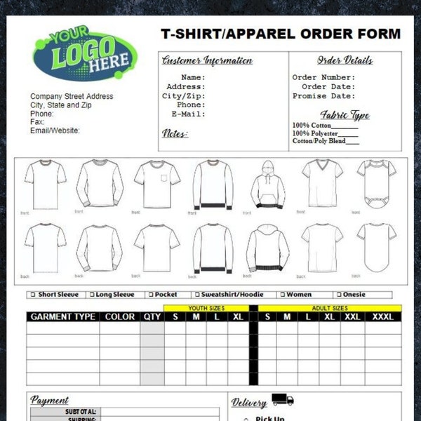 Professional Apparel T-Shirt Order Form Digital Download, Editable Apparel T-Shirt Order Template, Microsoft Word General Apparel Order Form