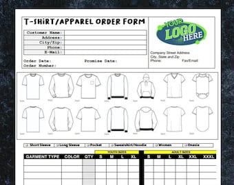 Professional Apparel T-Shirt Order Form Digital Download, Editable Apparel T-Shirt Order Template, Microsoft Word General Apparel Order Form