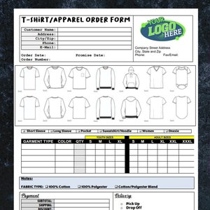 Könnte beinhalten: Eine schwarz-weiße druckbare T-Shirt-Bestellformularvorlage mit einer Tabelle für Kleidungsart, Farbe, Menge und Größen. Das Formular enthält Abschnitte für Kundeninformationen, Bestelldetails, Zahlung, Lieferung und Notizen. Der Text "DOWNLOAD" steht in großen, fetten Buchstaben auf der rechten Seite des Formulars.