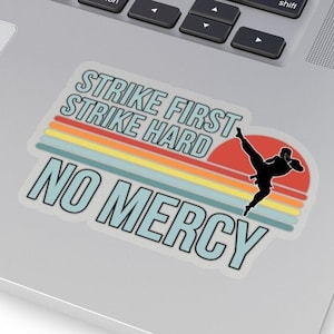 May include: A sticker with the text "STRIKE FIRST STRIKE HARD NO MERCY" in a retro design. The sticker features a silhouette of a person performing a martial arts kick against a sunset background with colorful stripes.
