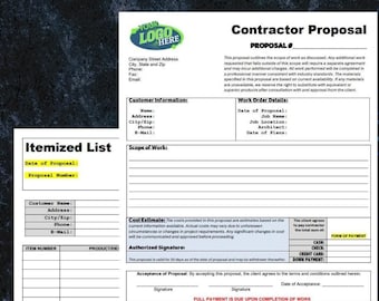 Professional Contractor Proposal Bundle Digital Download, Fully Editable Microsoft Word Contractor Proposal Bundle Templates, Itemized List