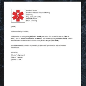 Professional Minimalist Doctor Excuse Note Digital Download, 1 Page Fully Editable Microsoft Word Doctor Excuse Template for Work & School