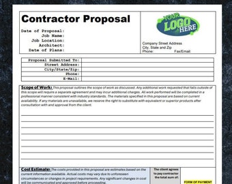 Professional Contractor Proposal Form Digital Download, Fully Editable Contractor Proposal Template, Editable Microsoft Word Contractor Form