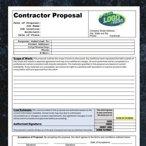 Professional Contractor Proposal Form Digital Download, Fully Editable Contractor Proposal Template, Editable Microsoft Word Contractor Form