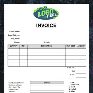 May include: A minimalist invoice template in a Word document. The template is 8.5 inches by 11 inches and includes fields for client name, address, phone number, quantity, item, description, unit cost, amount, subtotal, tax, and total. The template also includes a section for notes and payment options.