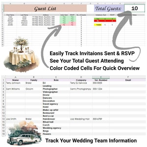 Peut inclure: Un mod&egrave;le de feuille de calcul pour la planification de mariage avec un sch&eacute;ma de couleurs vert, blanc et gris. La feuille de calcul comprend des sections pour la liste des invit&eacute;s, les invitations envoy&eacute;es, les RSVP et les informations sur l'&eacute;quipe du mariage. Le texte "Total Guests: 10" est visible dans le coin sup&eacute;rieur droit de la feuille de calcul.