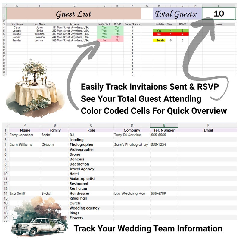 Peut inclure: Un mod&egrave;le de feuille de calcul pour la planification de mariage avec un sch&eacute;ma de couleurs vert, blanc et gris. La feuille de calcul comprend des sections pour la liste des invit&eacute;s, les invitations envoy&eacute;es, les RSVP et les informations sur l'&eacute;quipe du mariage. Le texte "Total Guests: 10" est visible dans le coin sup&eacute;rieur droit de la feuille de calcul.