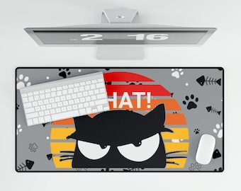 Funny Grumpy Black Cat Desk Mat, Sarcastic Black Cat Desk Mat, Retro Sunset Cat Desk Mat, Cat Owner Gift, Funny Cat Mom Desk Mat, Cat Lover