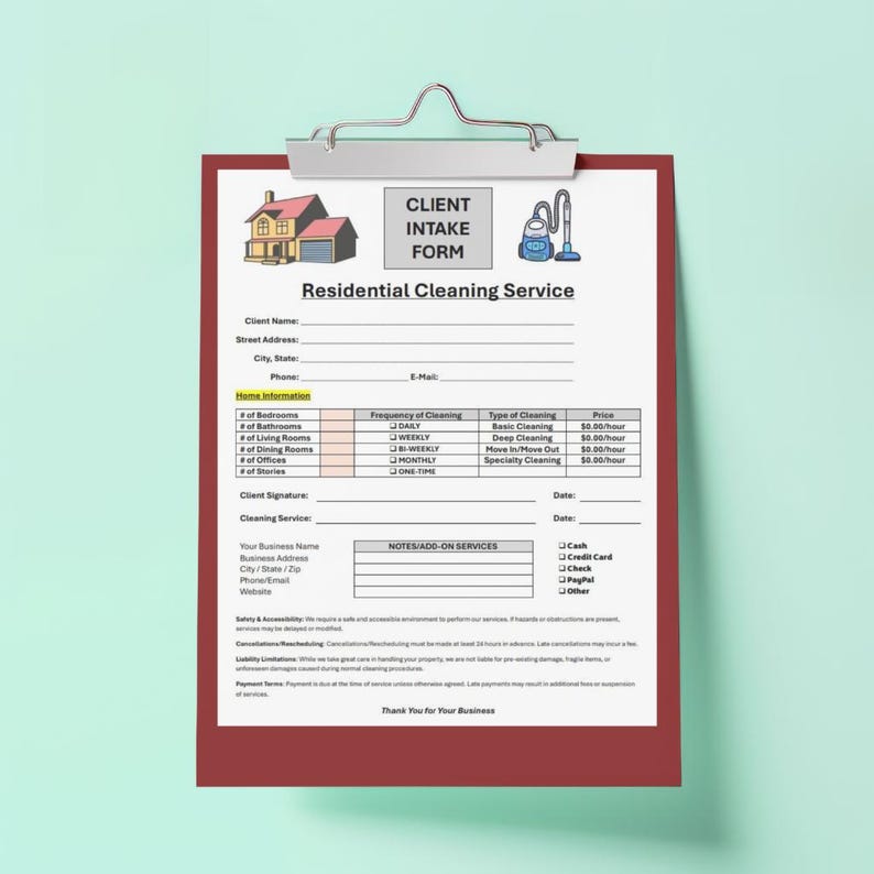 Professional Residential Cleaning Service Client Intake Form Digital ...