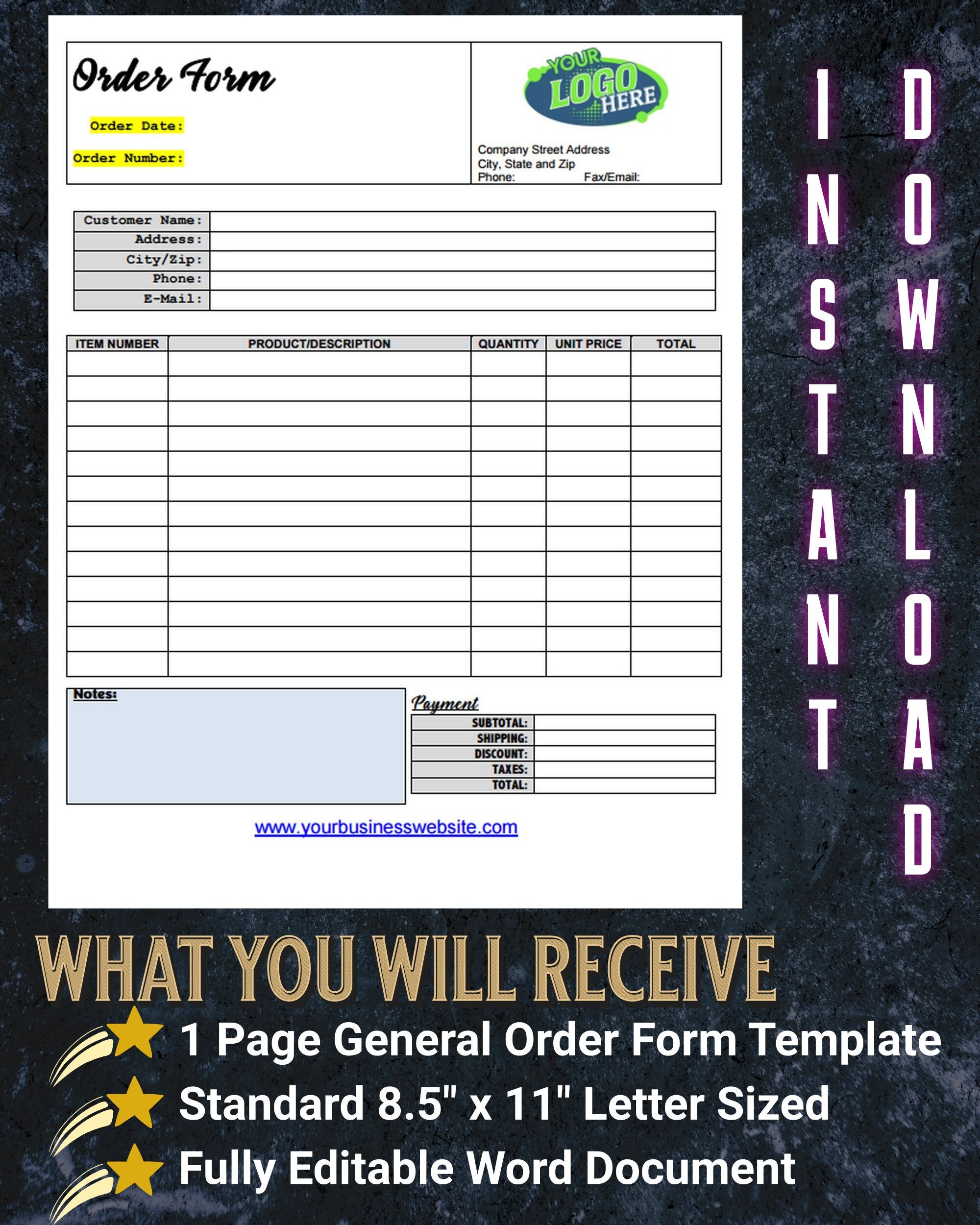 Professional Order Form Digital Download, Editable Order Form, Craft ...