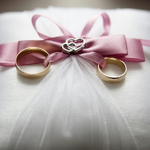 Peut inclure: Deux alliances en or sur un coussin blanc avec un ruban de satin rose et un charme en forme de c&oelig;ur argent&eacute;.