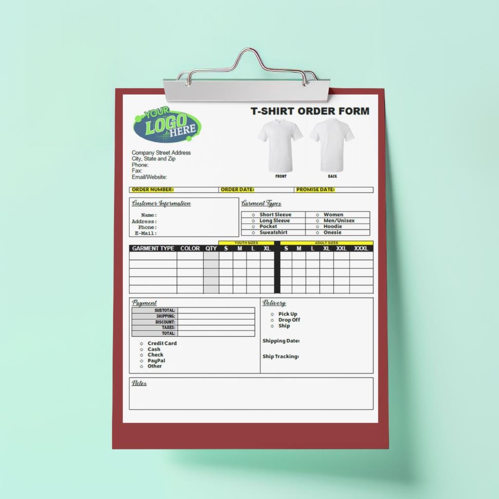 Professional T-shirt Order Form Digital Download, Fully Editable T ...