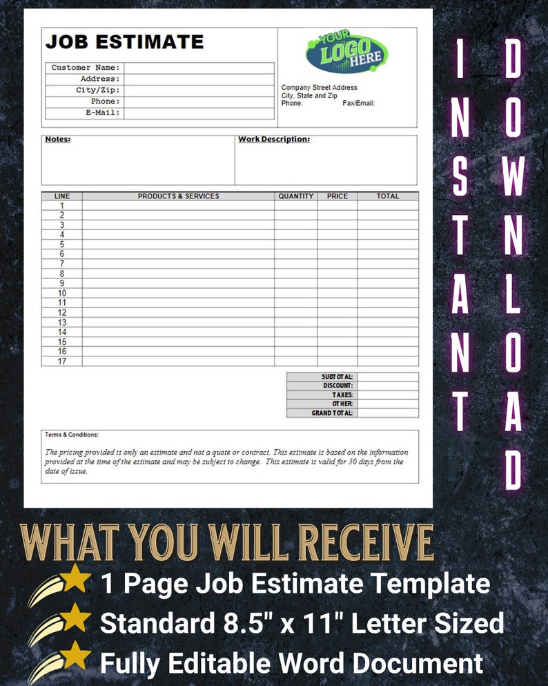 Minimal Design Job Estimate Template Digital Download, Editable Job Proposal Template, 1 Page Microsoft Word Job Estimate Form, Quote Form image 1
