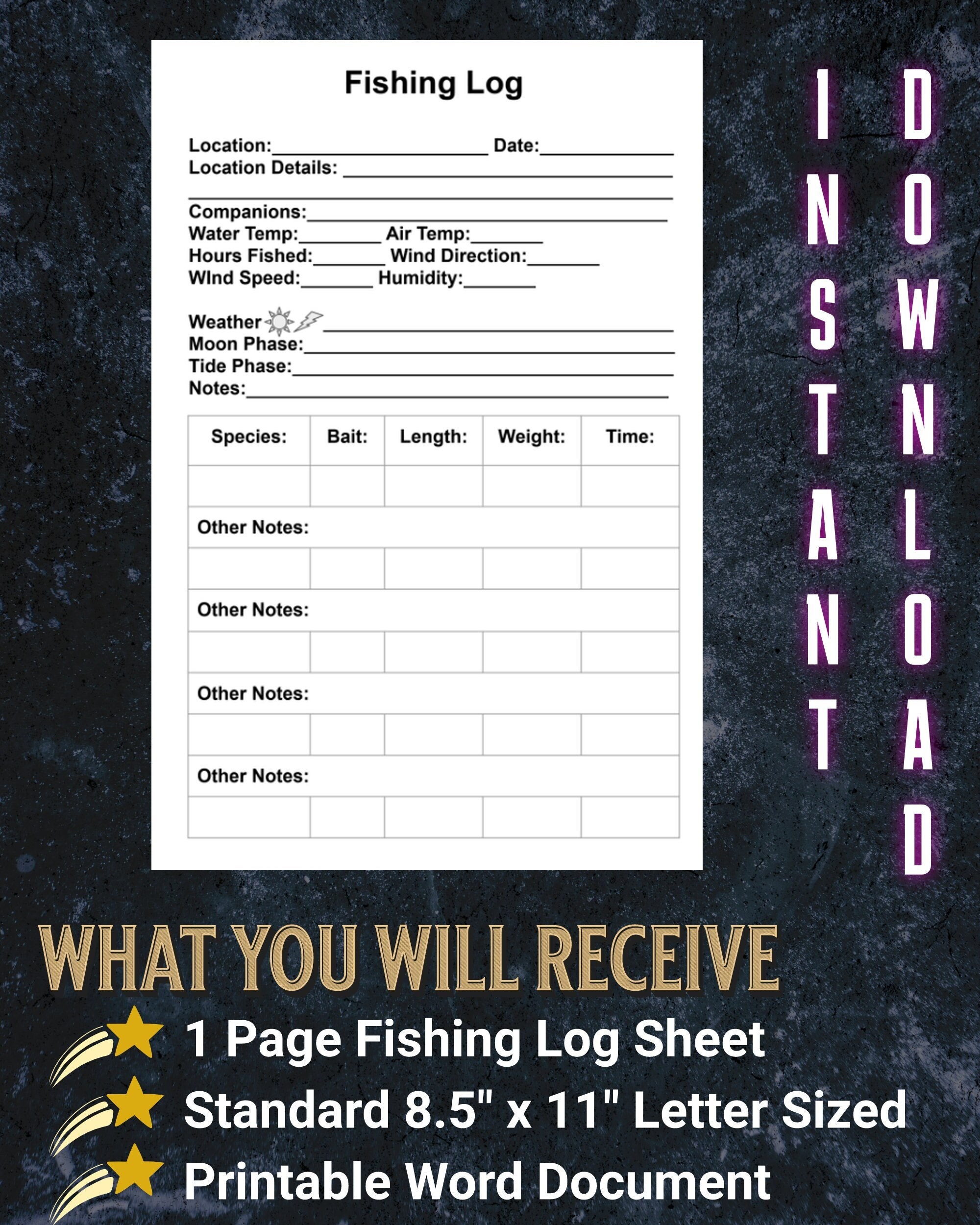 Minimalist Design Fishing Log Sheet Instant Download, Digital Printable  Fishing Log Book, Microsoft Word Fishing Log Journal, Non-Editable