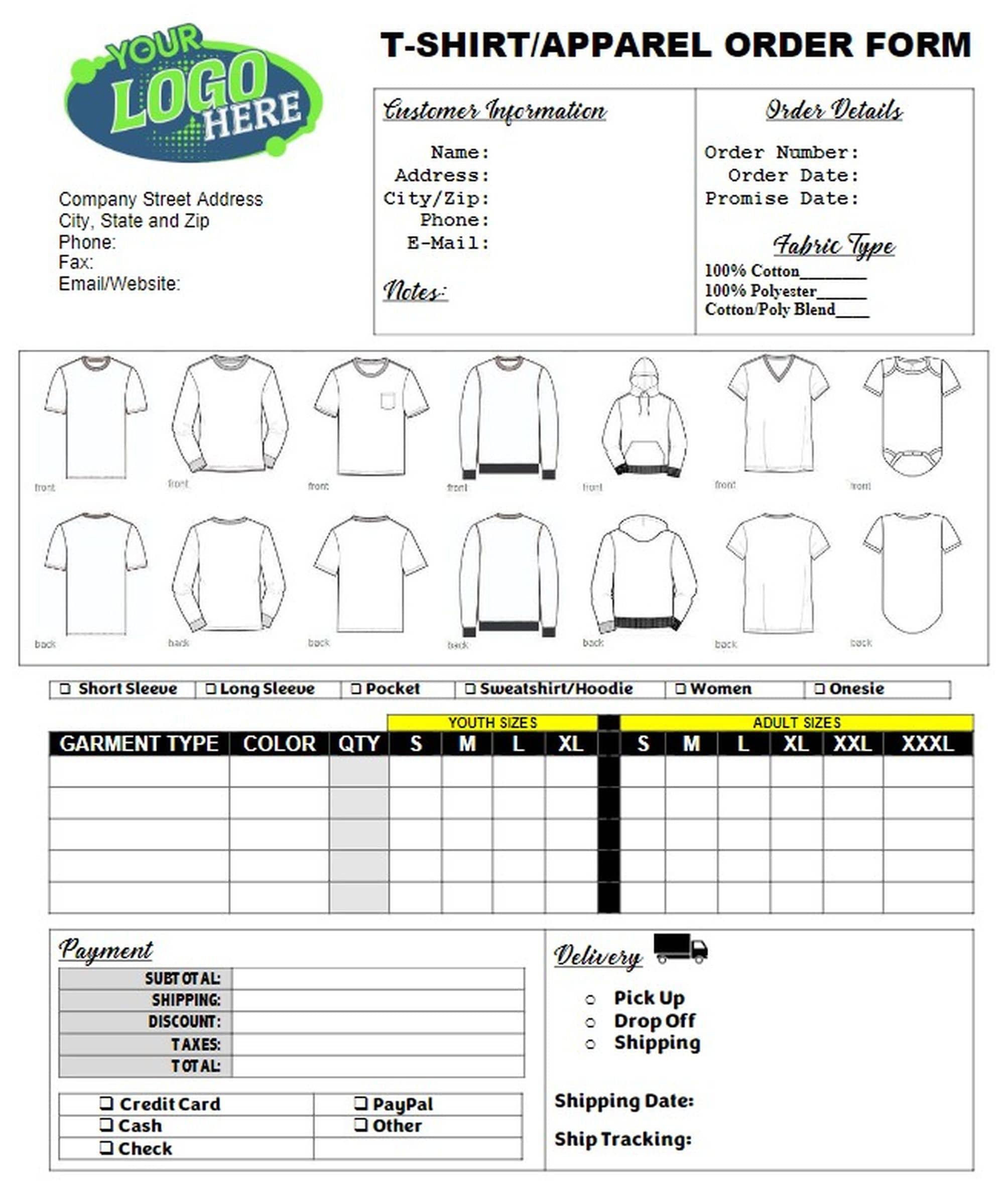 Professional Apparel Tshirt Order Form Digital Download, Editable Professional Apparel Tshirt Order Form Digital Download, Editable