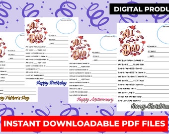 All About My Dad Questionnaire Printable Father’s Day Gift Fill In The Blank Dad Interview Worksheet Kids Memory Keepsake Download Template