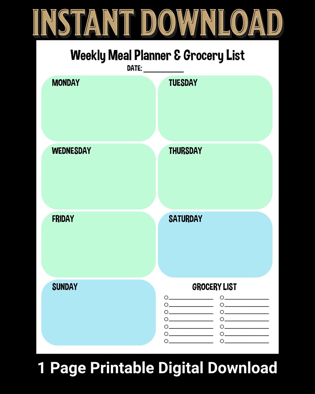 Minimalist Weekly Meal Planner and Grocery List Printable Digital ...