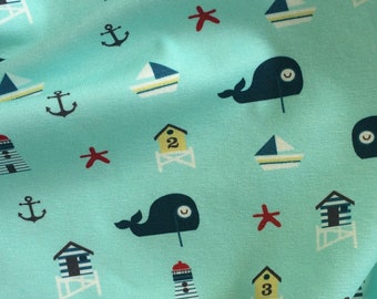 Jersey Stof Seaside Lighthouse Whale Nursery Baby Katoen Stretch 0.5m