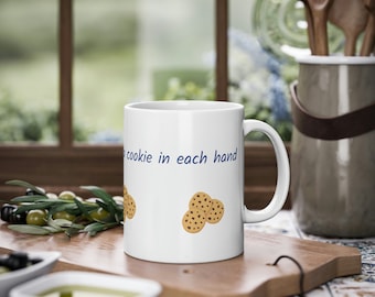 a balanced diet is a cookie in each hand, funny mug, joke, coffee cup, funny cup, funny cup, biscuit, colleagues, kids, family
