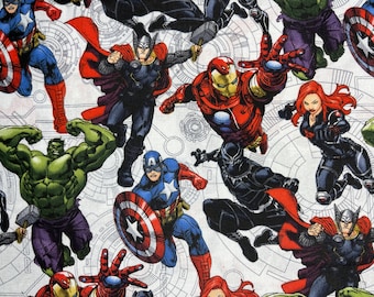May include: A white fabric with a repeating pattern of various Marvel superheroes, including Iron Man, Captain America, Thor, Hulk, Black Widow, and Black Panther. The superheroes are depicted in a comic book style with bold colors and dynamic poses.