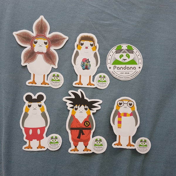 Porg mash up stickers - Potter, Goku, Demogorgon, Jack Burton, Mickey