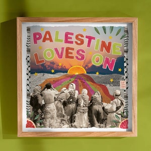 Palestina ama el collage, arte palestino libre, keffiyeh, kuffiyeh, collage palestino, LGBTQ, arte palestino queer, arte árabe, decoración colorida