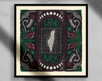 May include: A black and white illustration of a map of Israel with the words "LAND BACK" in green and red lettering. The illustration is surrounded by a decorative border with green, red, and white floral designs.
