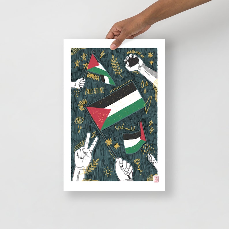Zakazana flaga: wydruk artystyczny z flagą palestyńską, plakat z aktywizmem kaligrafii arabskiej zdjęcie 3