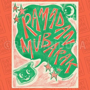 May include: A green and red illustration of the phrase "Ramadan Mubarak" with a crescent moon and stars. The illustration is on a white background with a red border.